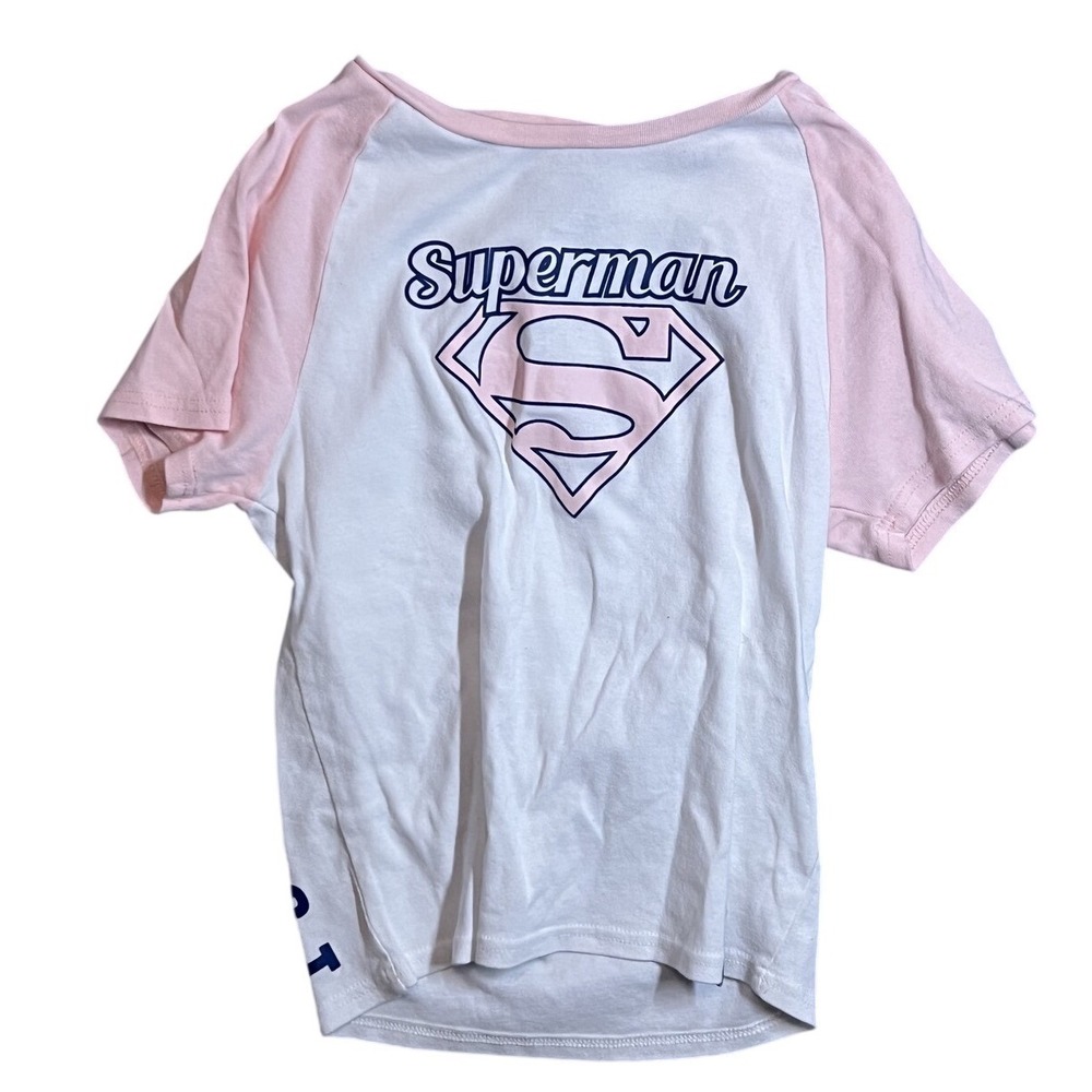 Superman Women's‎ XL Raglan T-Shirt White Pink Graphic Logo Tee Isaac Morris